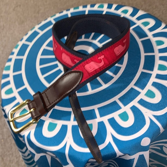 Vineyard Vines big whale belt sz 34 unisex made in USA, red blue canvas leather - Picture 1 of 9
